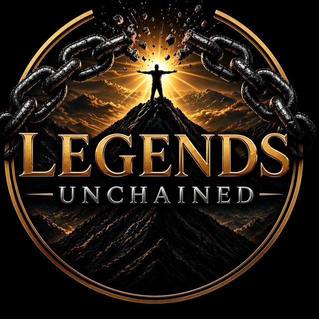 Legends Unchained emblem — a figure breaking chains on a mountain summit at sunrise