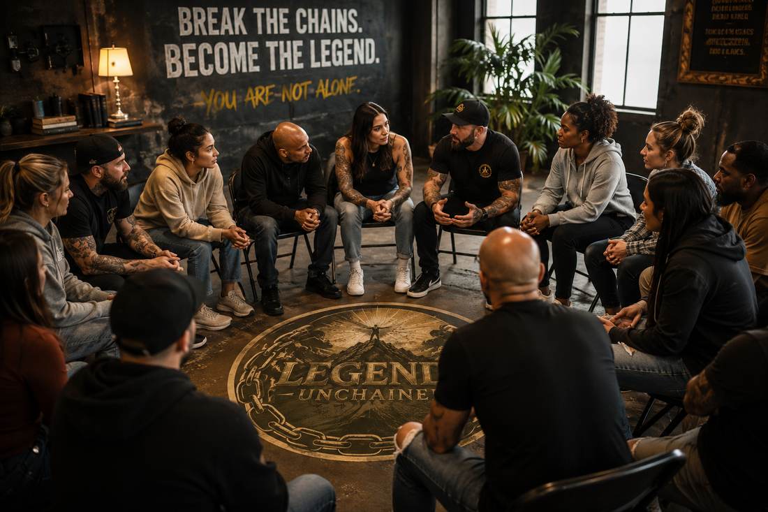 A peer support circle meeting in a warm industrial room, beneath a wall reading Break the Chains, Become the Legend — You Are Not Alone